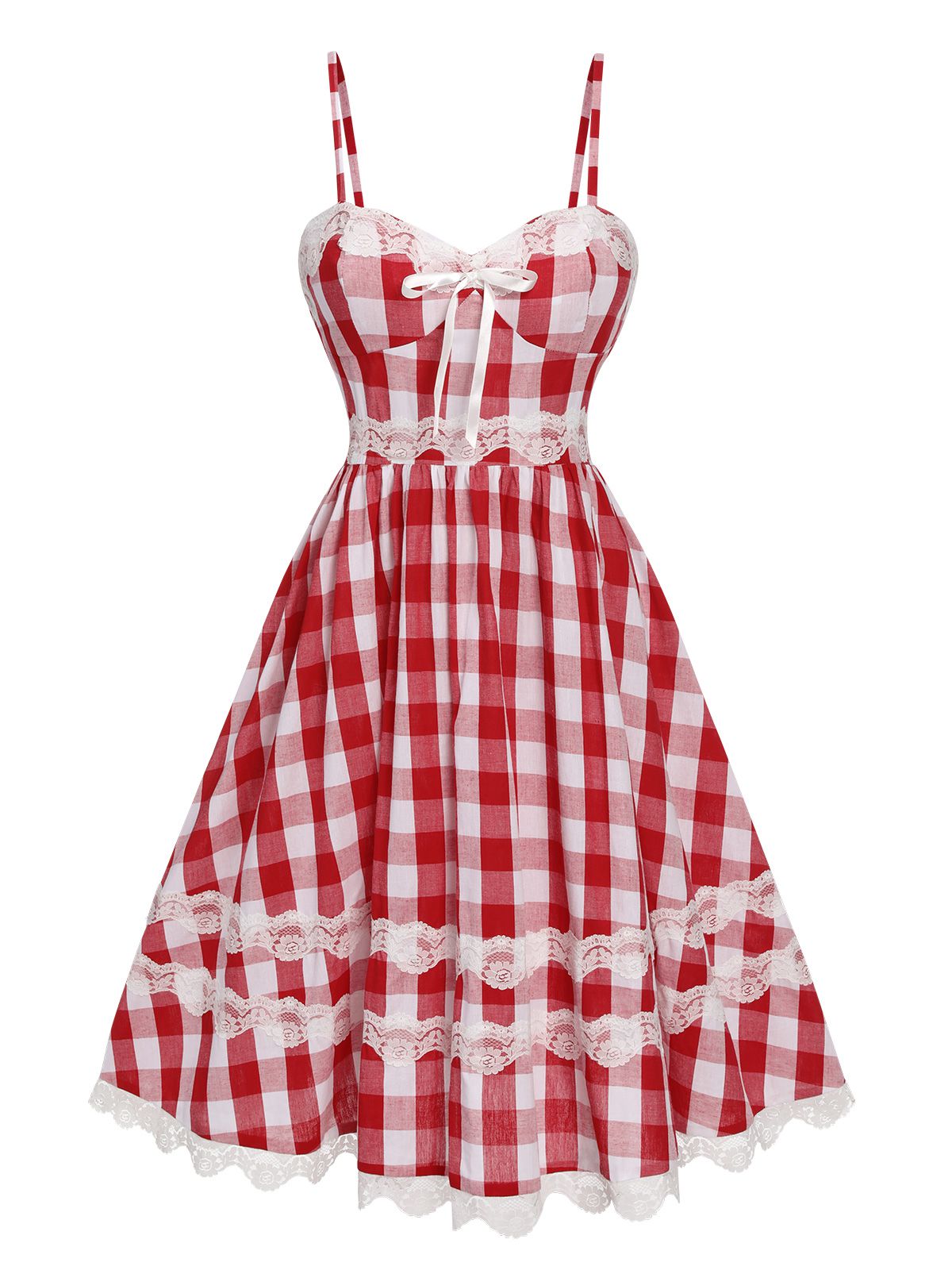 Red Plaid Lace Bow Strap Dress