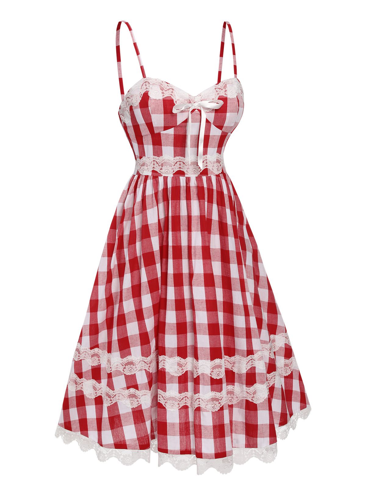 Red Plaid Lace Bow Strap Dress