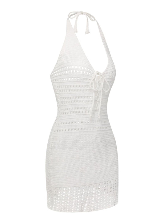 White  Cross Lacing Crochet Dress