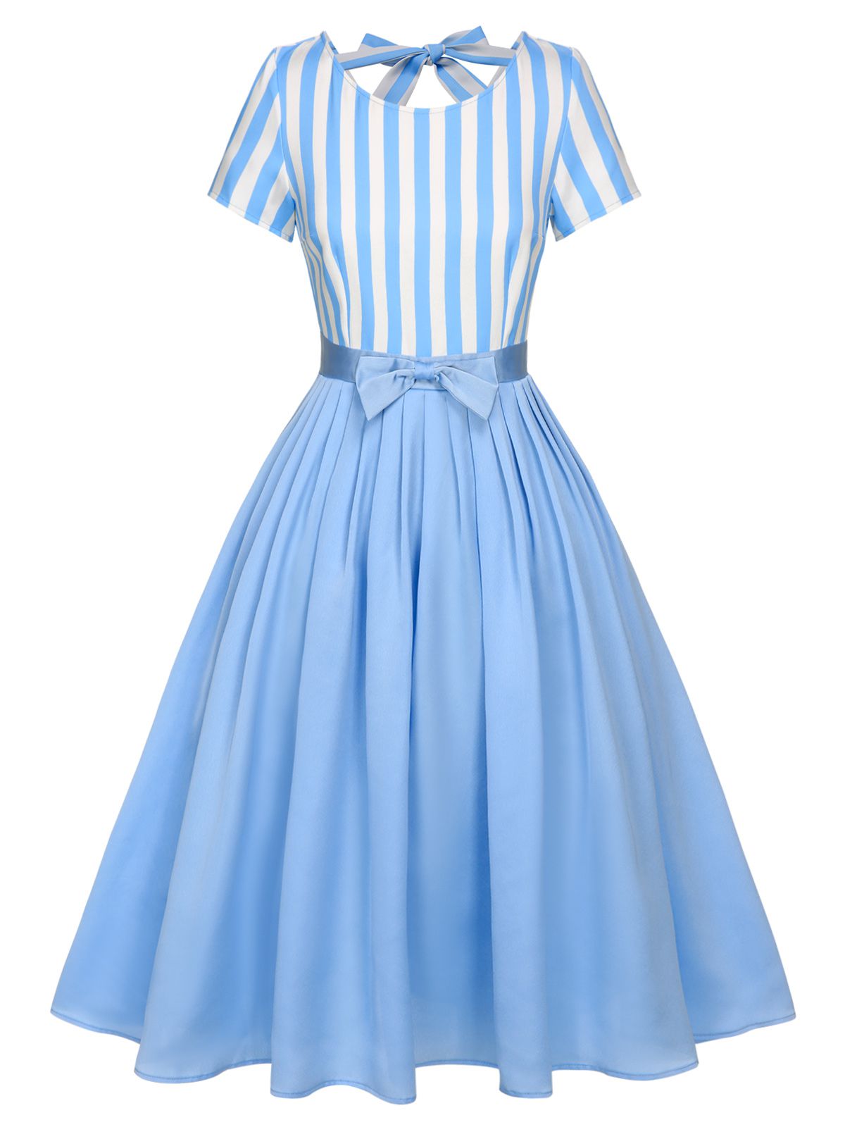 Blue Boat Neck Stripes Bow Dress