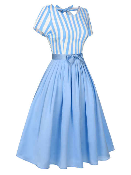 Blue Boat Neck Stripes Bow Dress