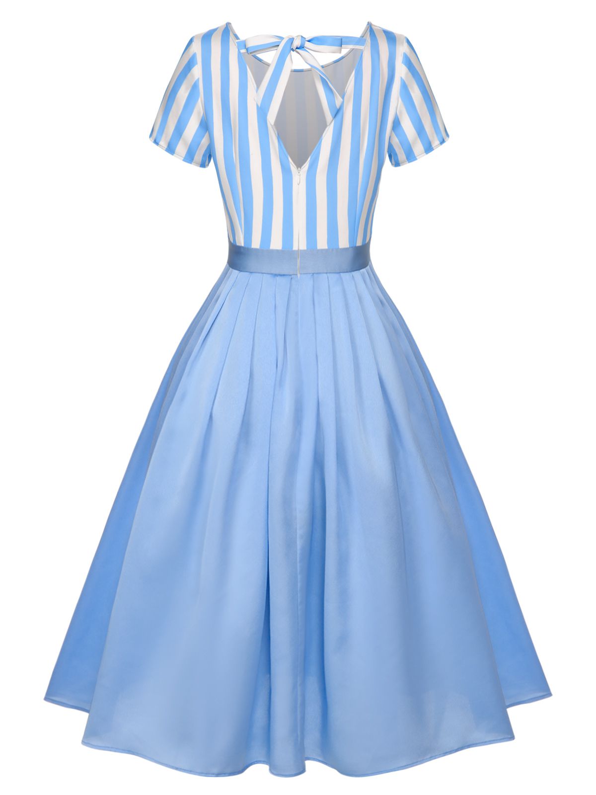 Blue Boat Neck Stripes Bow Dress