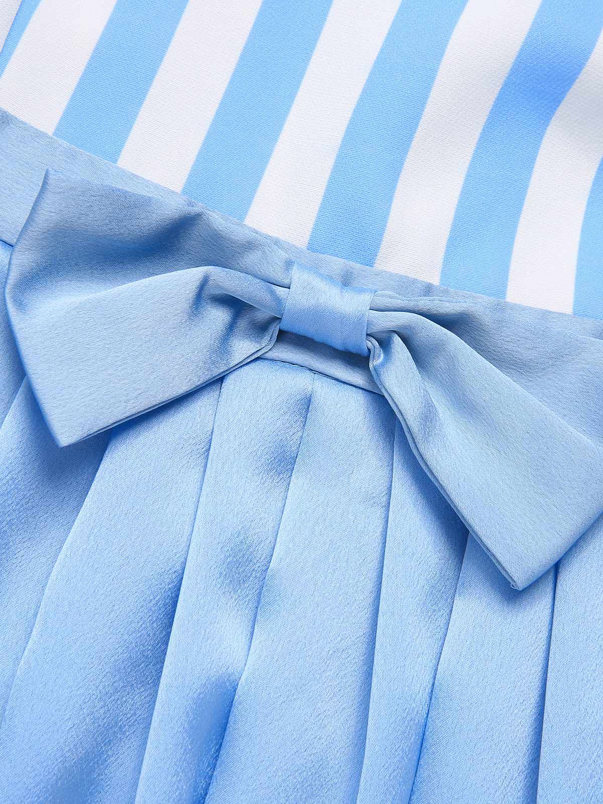 Blue Boat Neck Stripes Bow Dress