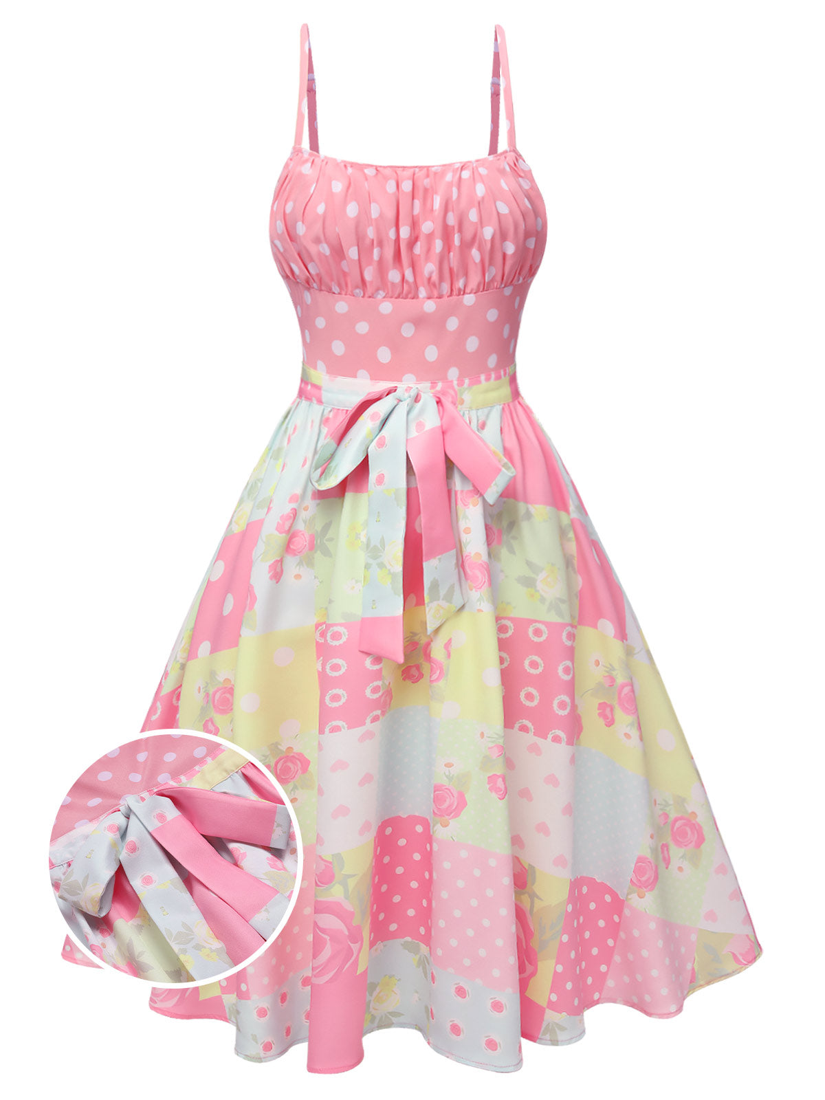 Pink Polka Dots Floral Patchwork Dress