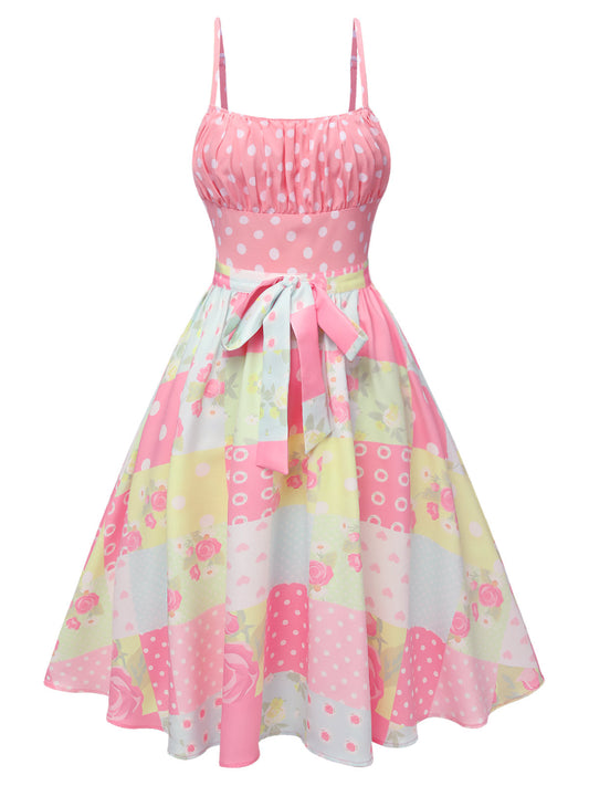 Pink Polka Dots Floral Patchwork Dress