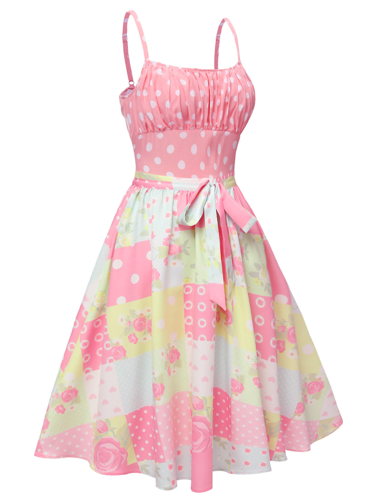 Pink Polka Dots Floral Patchwork Dress