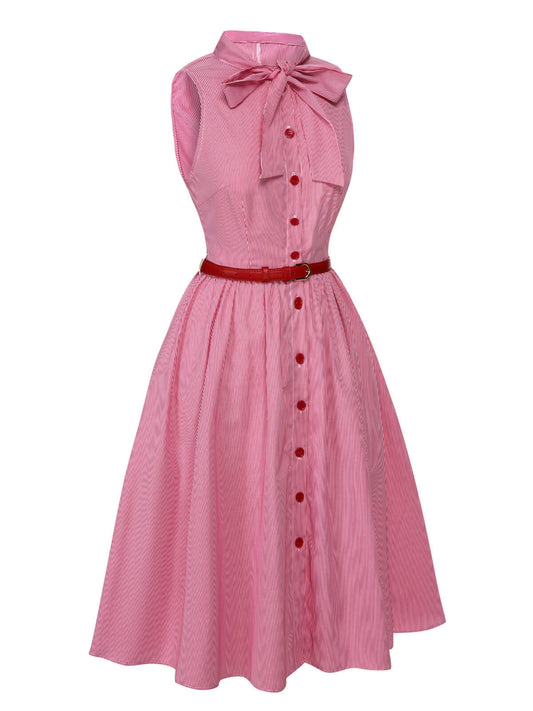 Pink Pinstripes Tie Collar Dress