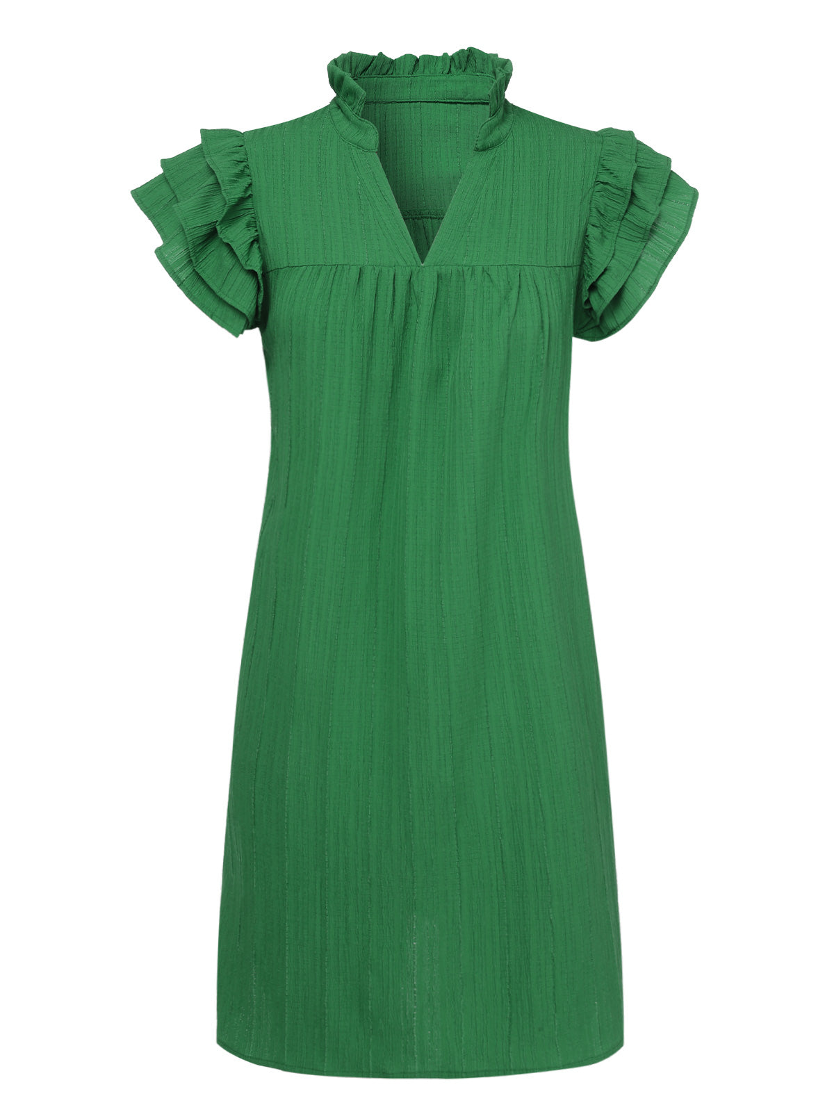 Green Solid Stand Collar Flounce Sleeve Dress