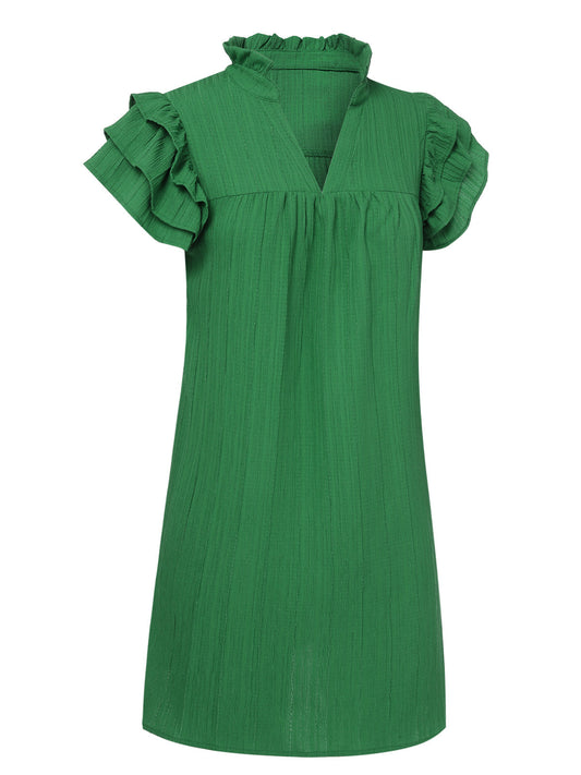 Green Solid Stand Collar Flounce Sleeve Dress