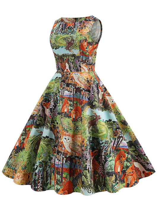 Forest Animal Allover Printed Dress