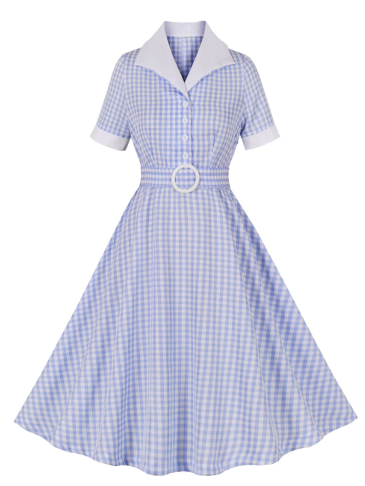 Light Blue Plaid Belt Lapel Dress