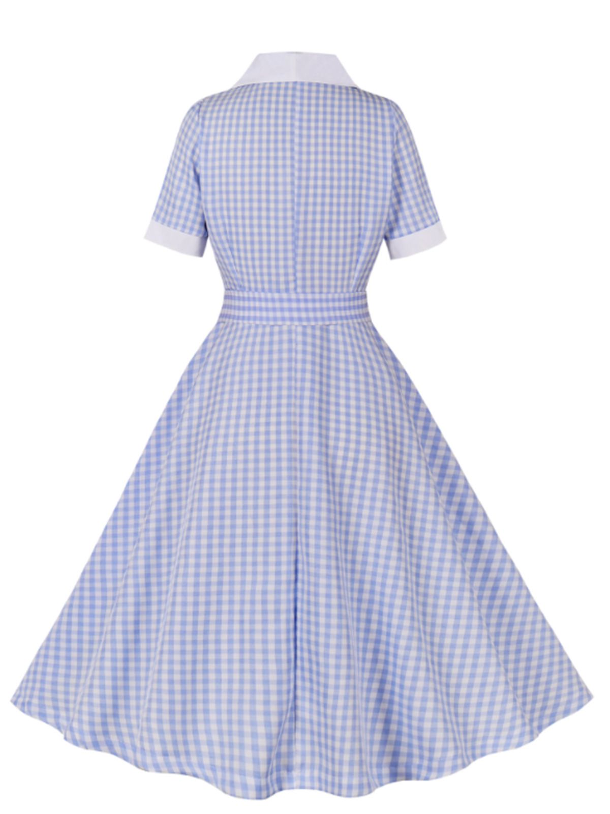 Light Blue Plaid Belt Lapel Dress