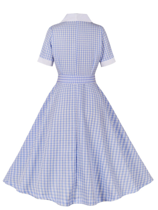 Light Blue Plaid Belt Lapel Dress