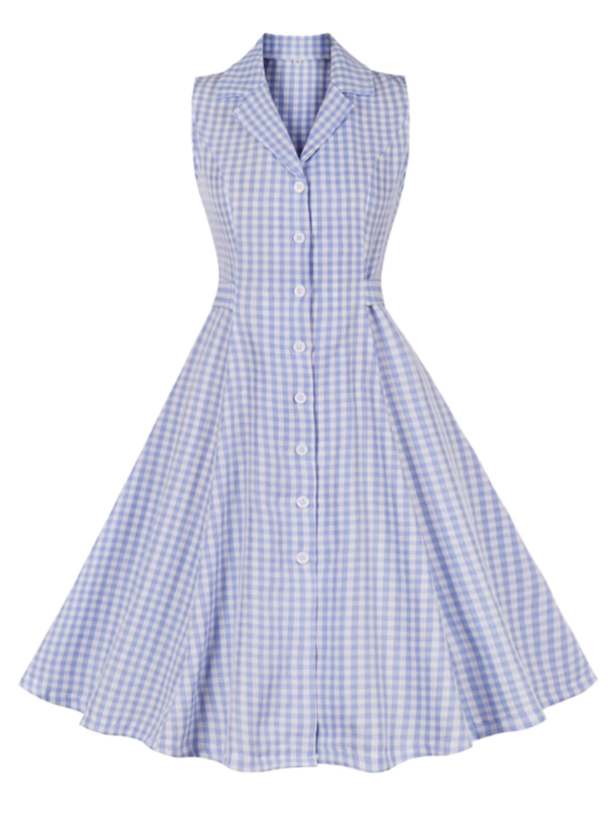 Light Blue Plaid Lapel Sleeveless Dress