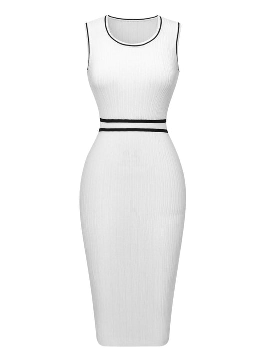 White  Contrast Binding Knit Dress