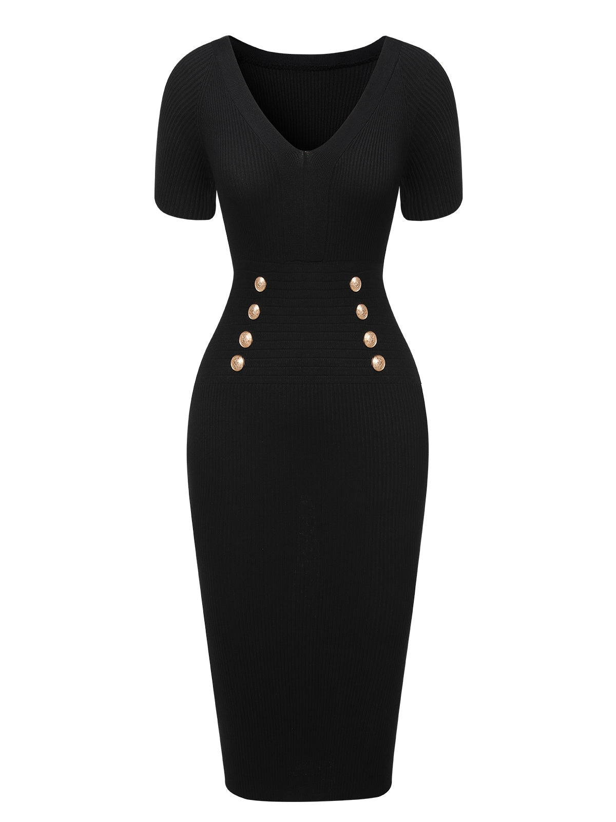 Black  Solid V-Neck Buttons Dress