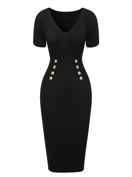 Black  Solid V-Neck Buttons Dress