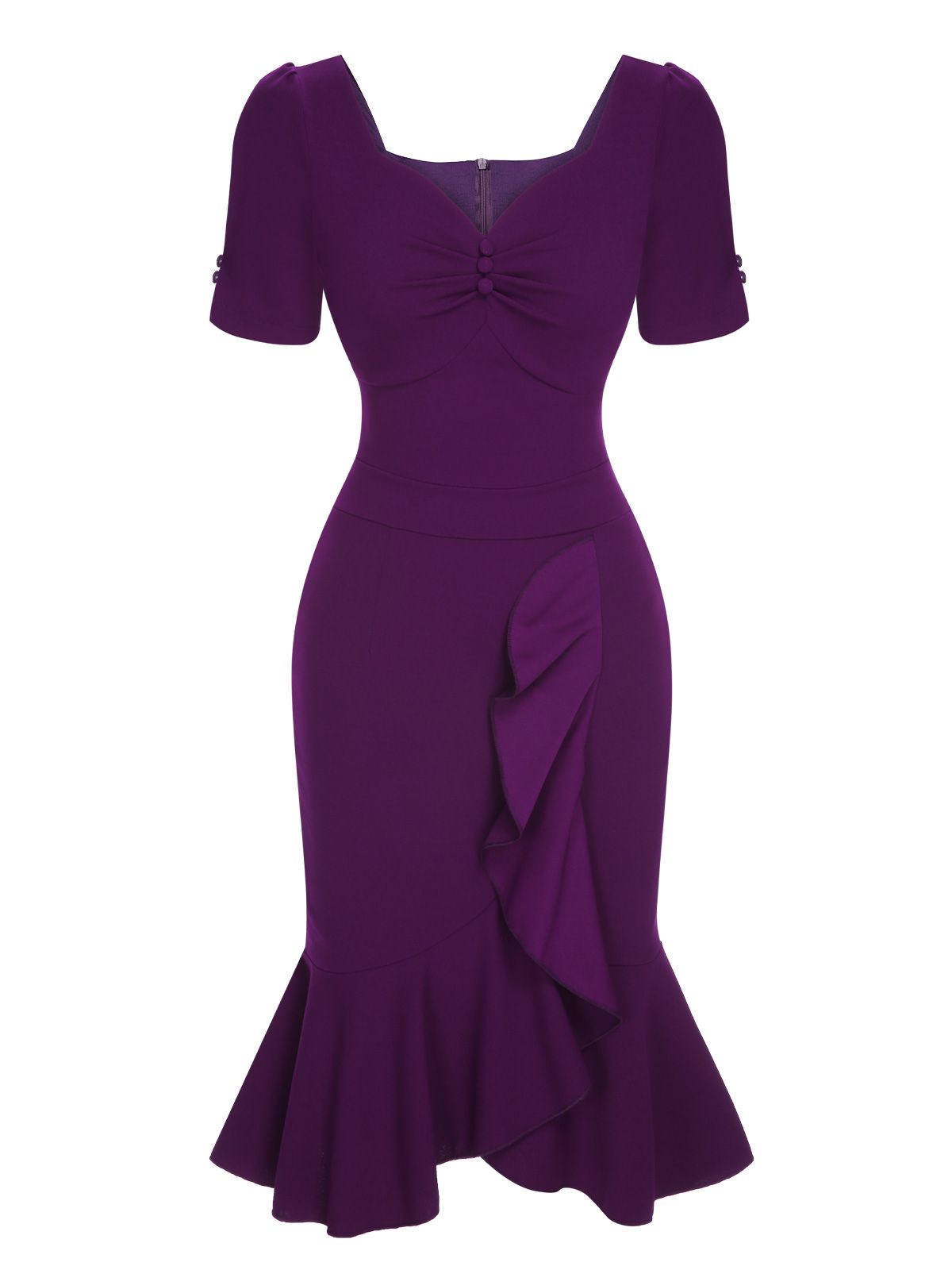 Deep Purple  Solid Gigot Sleeve Ruffles Dress