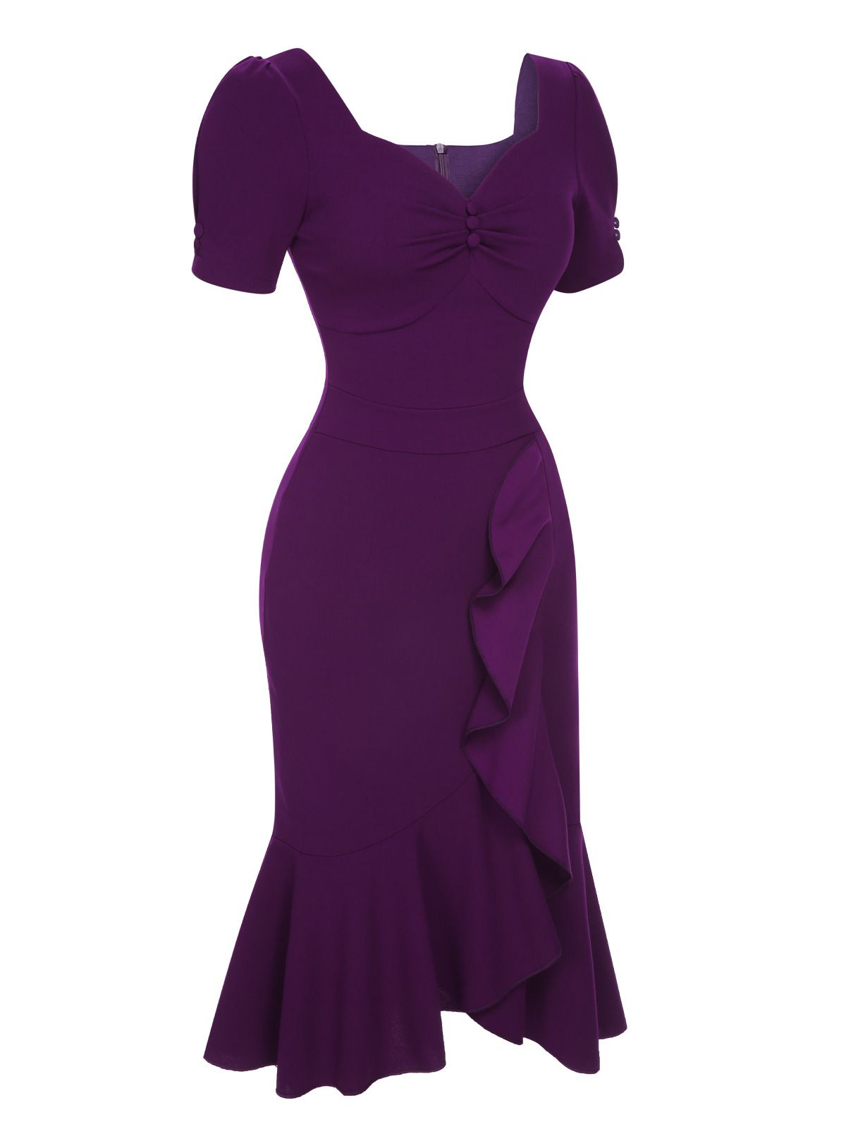 Deep Purple  Solid Gigot Sleeve Ruffles Dress