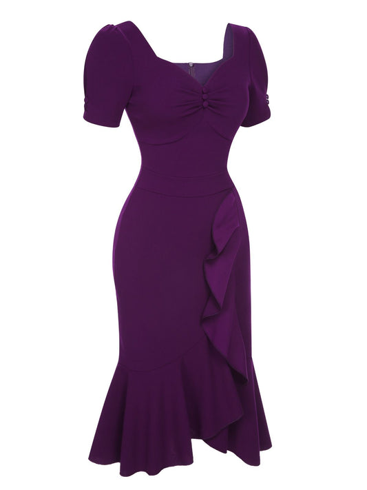 Deep Purple  Solid Gigot Sleeve Ruffles Dress