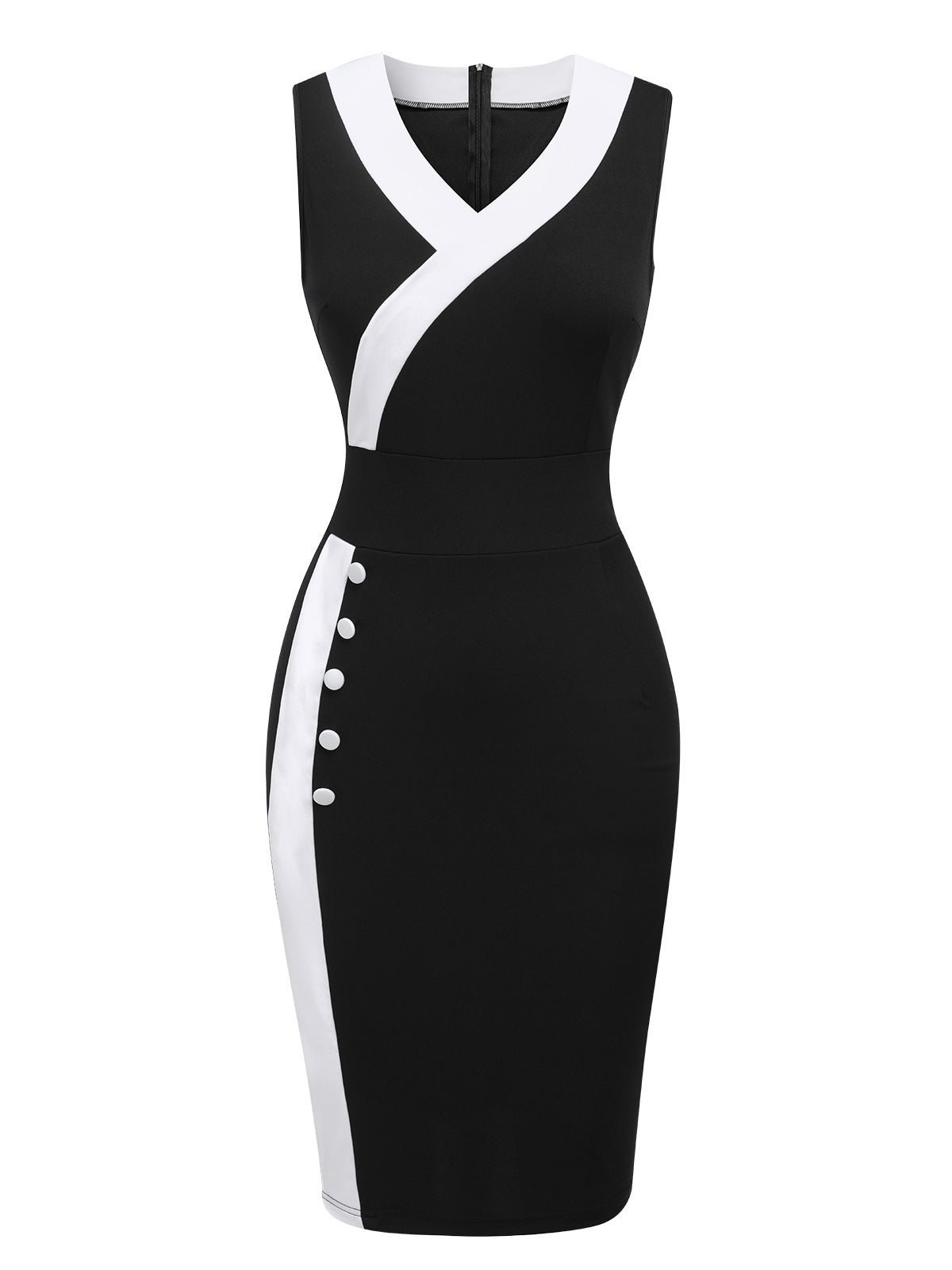 Black & White  Button V-Neck Patchwork Dress