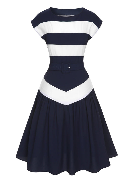 Dark Blue Boat Neck Stripe Dress