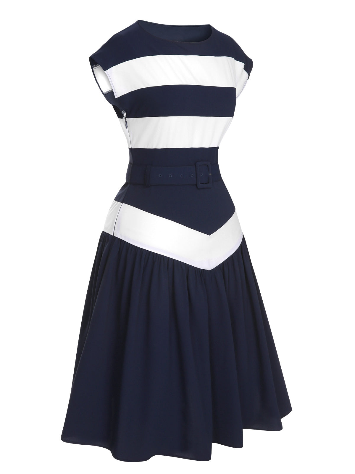 Dark Blue Boat Neck Stripe Dress