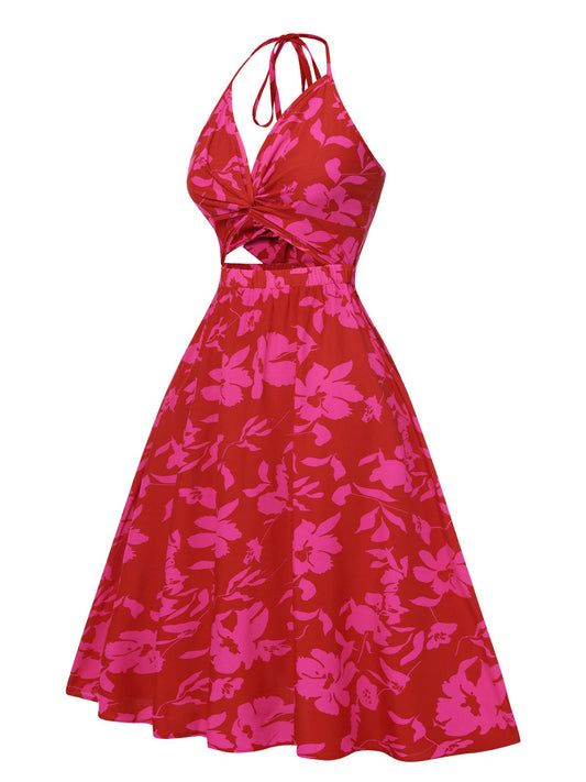 Rose Red Halter Hollow Floral Dress