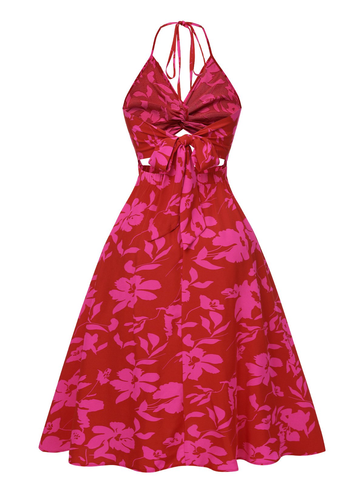 Rose Red Halter Hollow Floral Dress