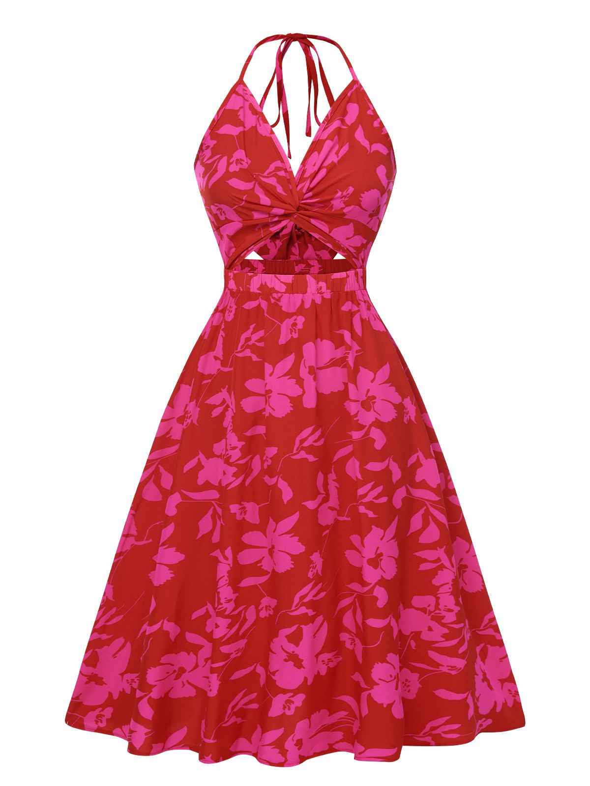 Rose Red Halter Hollow Floral Dress