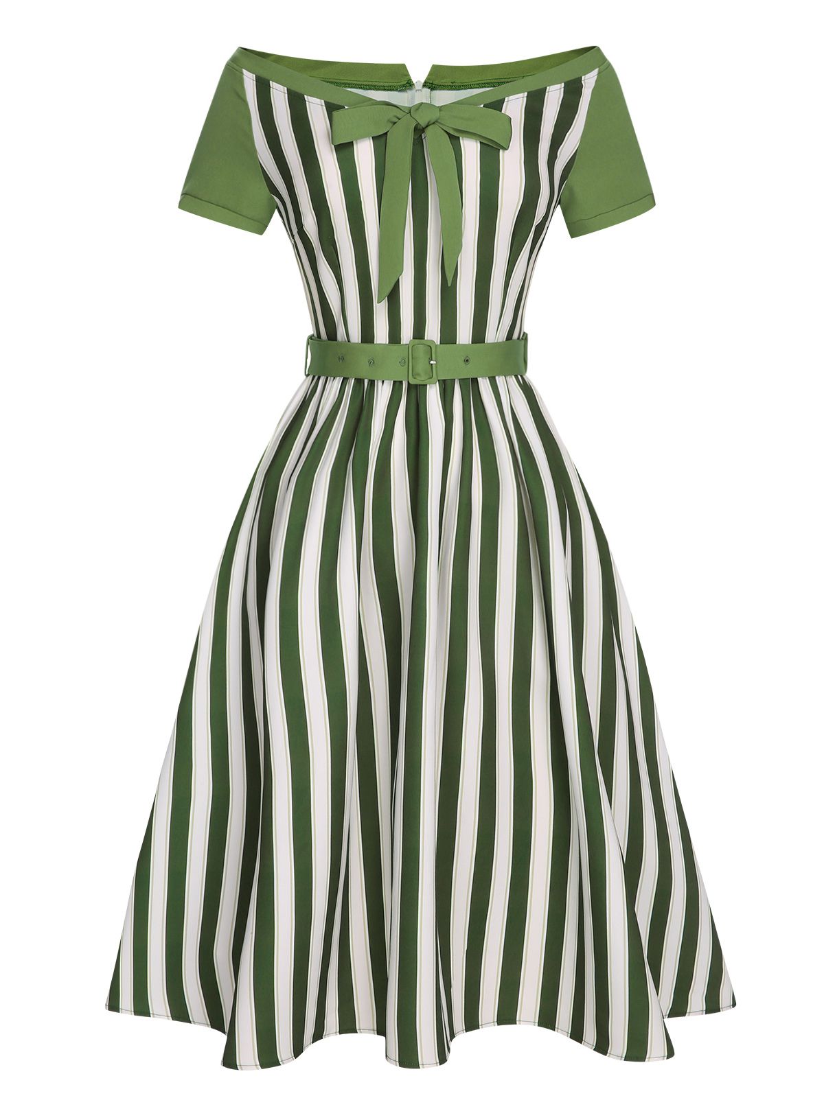 Green Off-Shoulder Stripes Bow Belted Dress