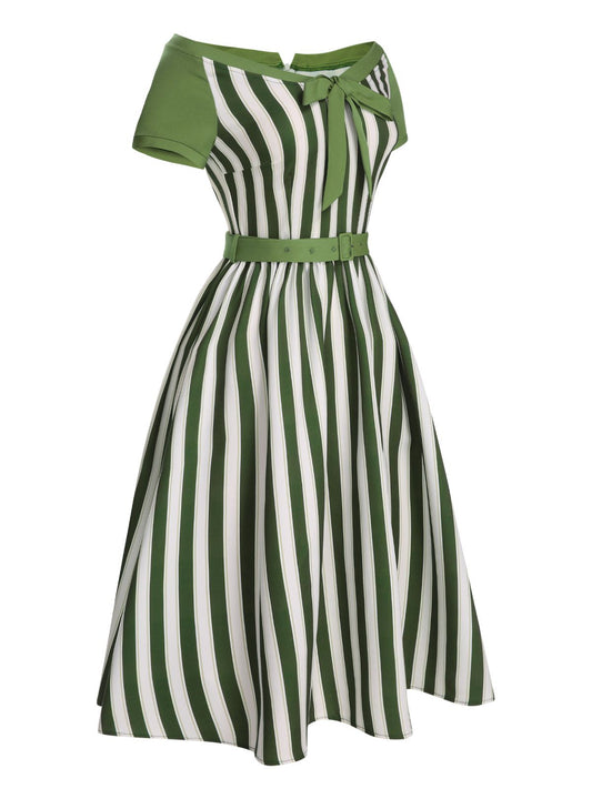 Green Off-Shoulder Stripes Bow Belted Dress