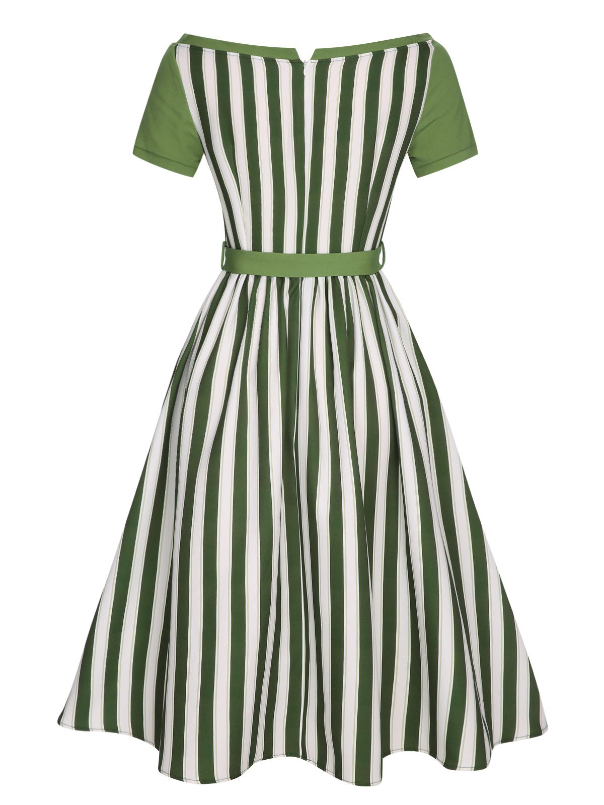 Green Off-Shoulder Stripes Bow Belted Dress