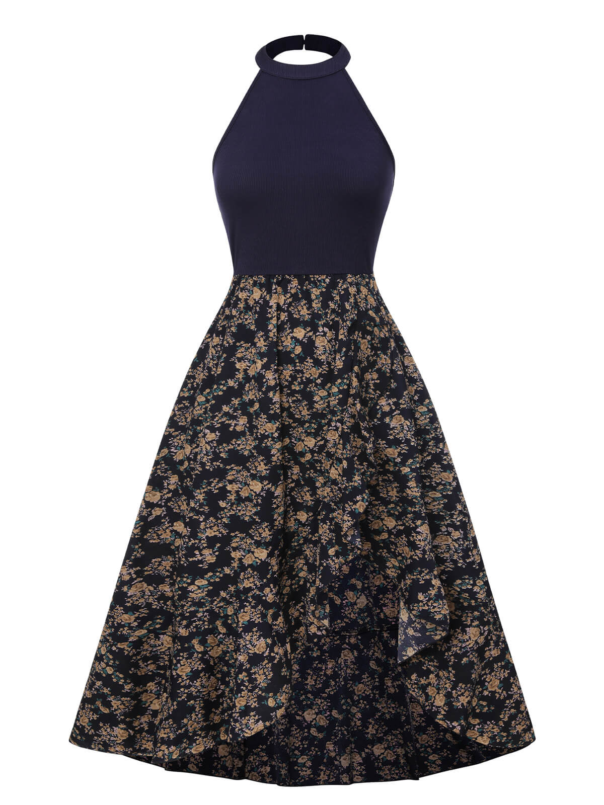 Dark Blue Ditsy Floral Crewl Halter Dress