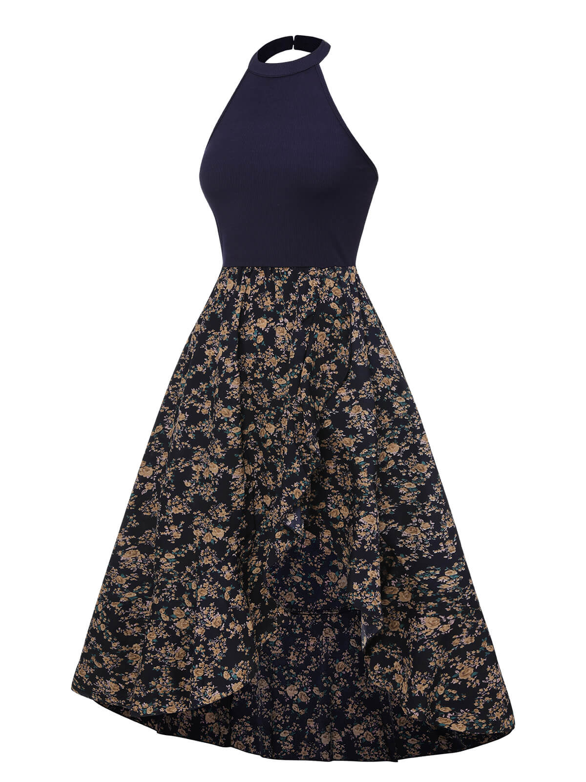 Dark Blue Ditsy Floral Crewl Halter Dress