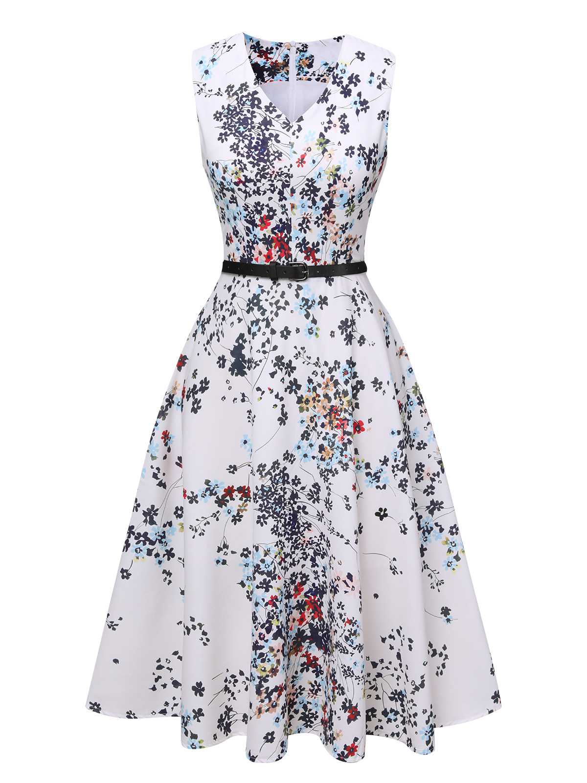 White V-Neck Floral Belted Sleeveless Dress