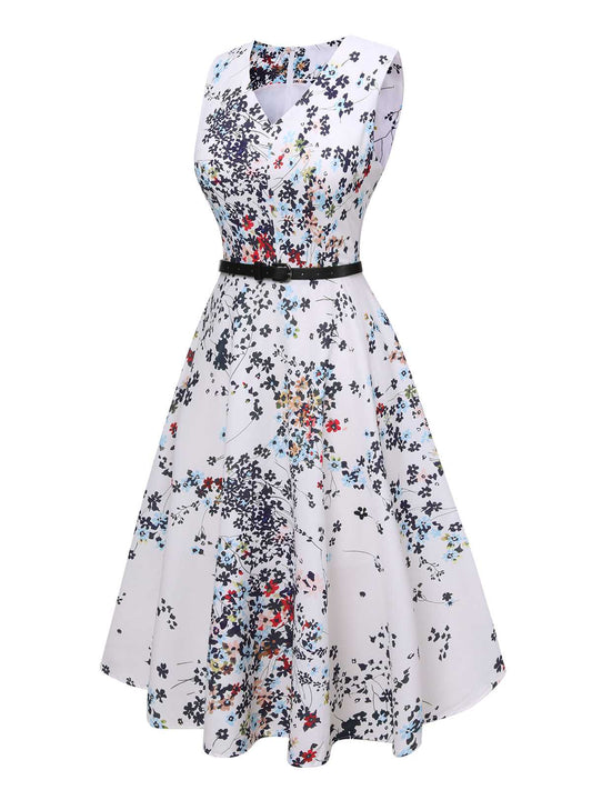 White V-Neck Floral Belted Sleeveless Dress