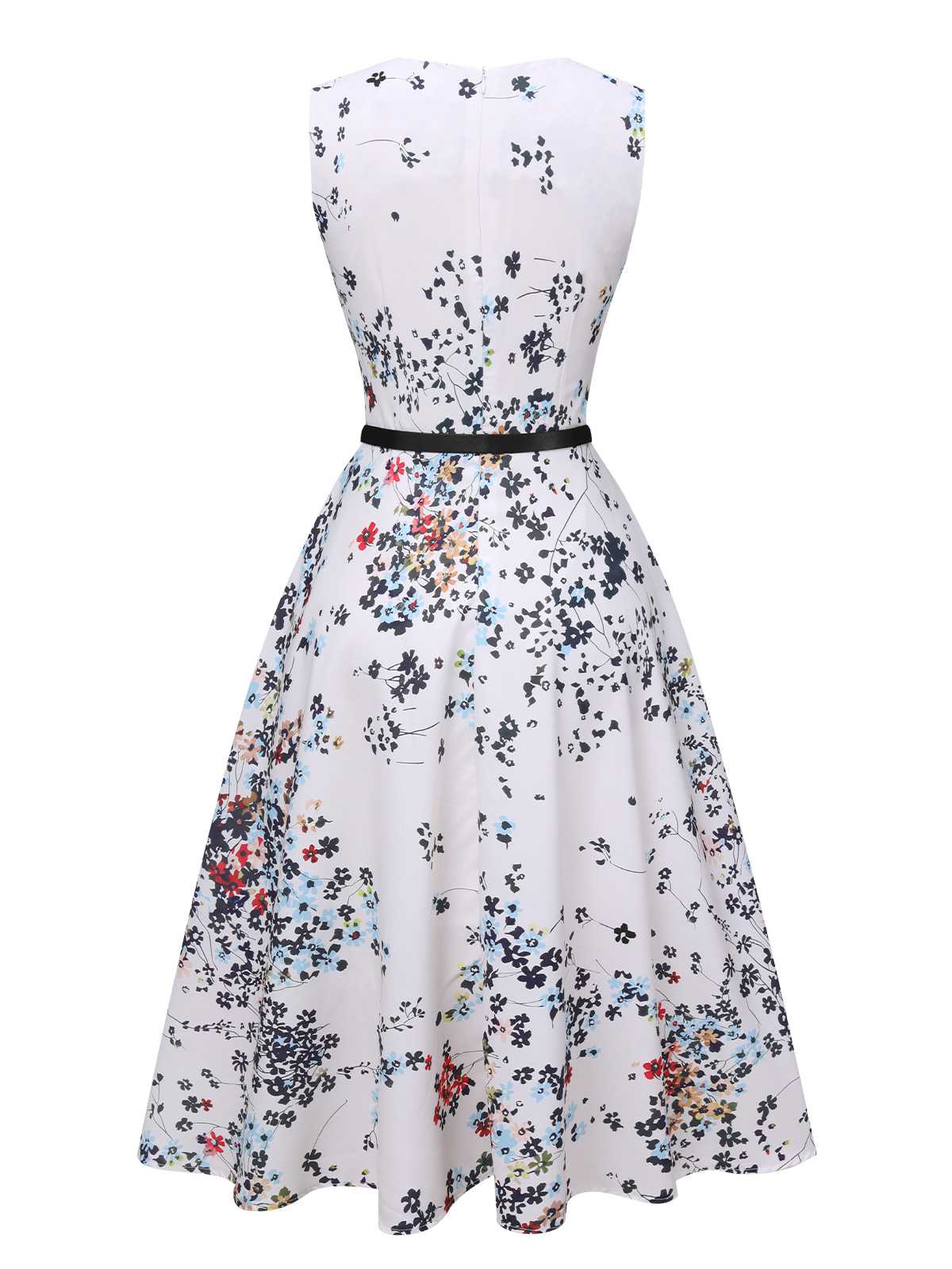 White V-Neck Floral Belted Sleeveless Dress