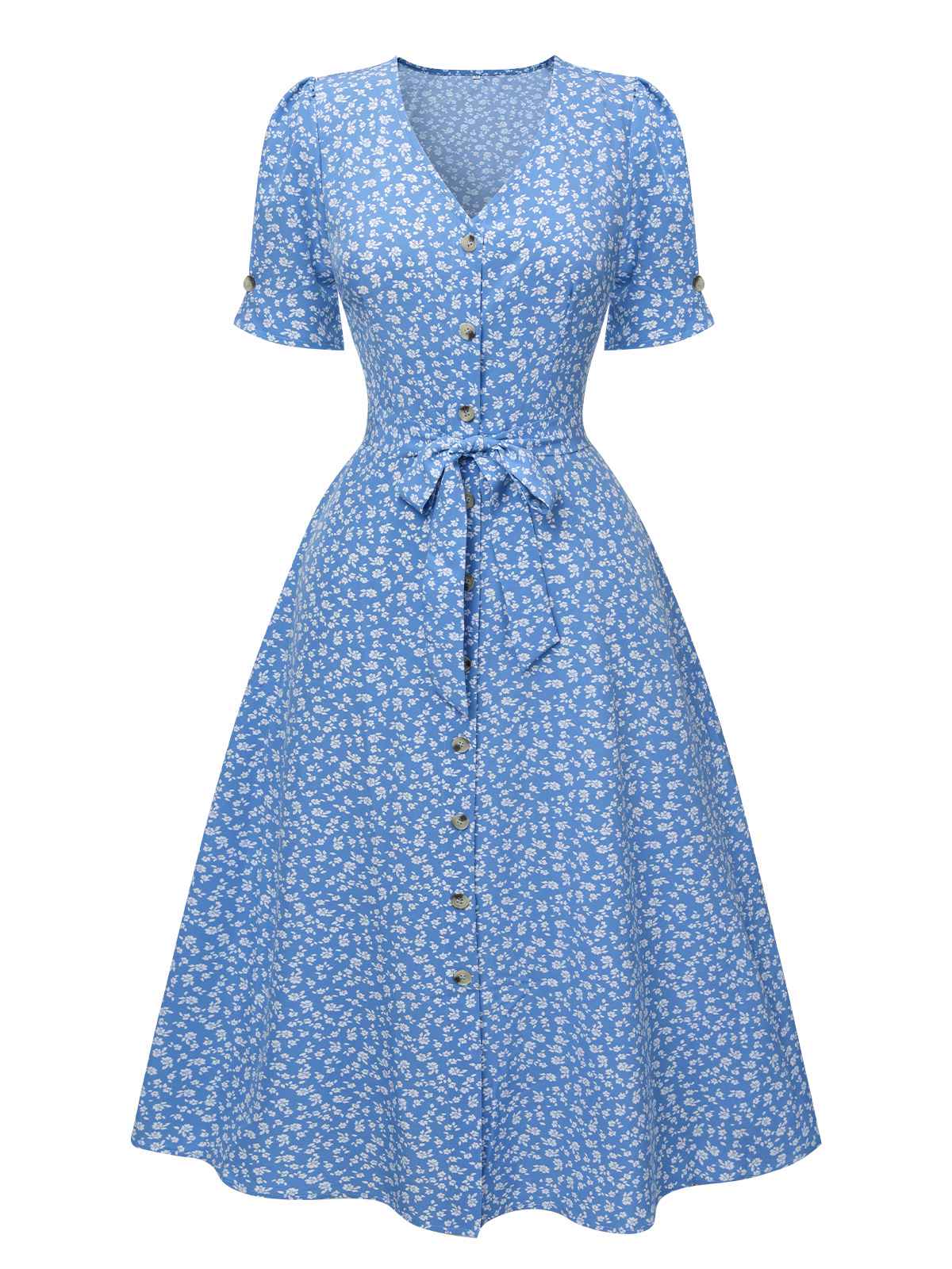 Blue Flower Print V-Neck Buttons Dress