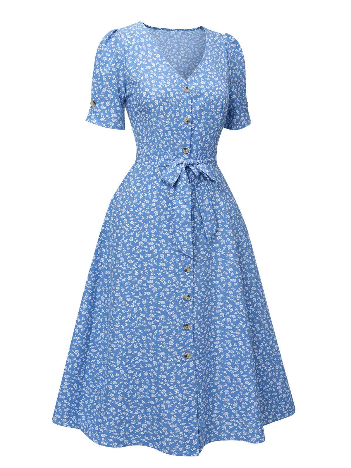 Blue Flower Print V-Neck Buttons Dress