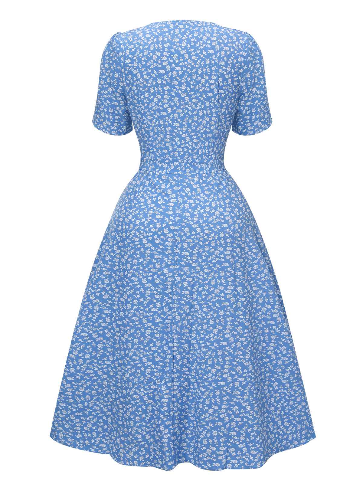 Blue Flower Print V-Neck Buttons Dress