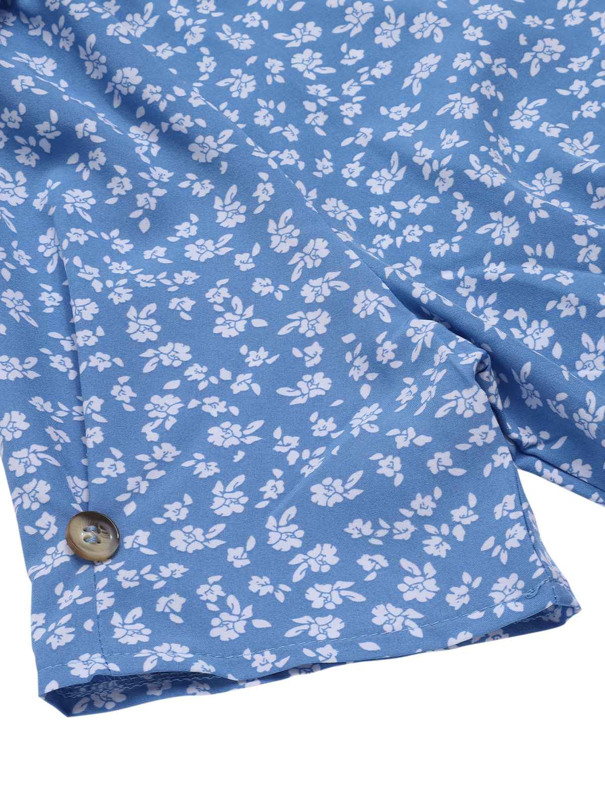 Blue Flower Print V-Neck Buttons Dress