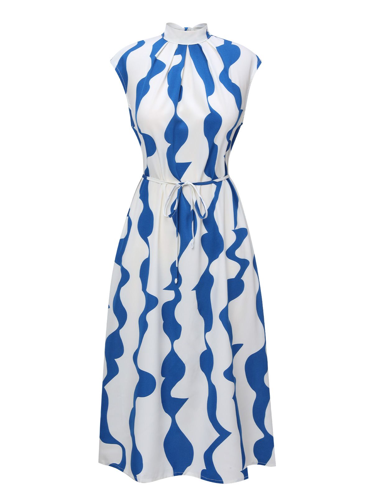 Blue & White Curves Stand Collar Belt Dress