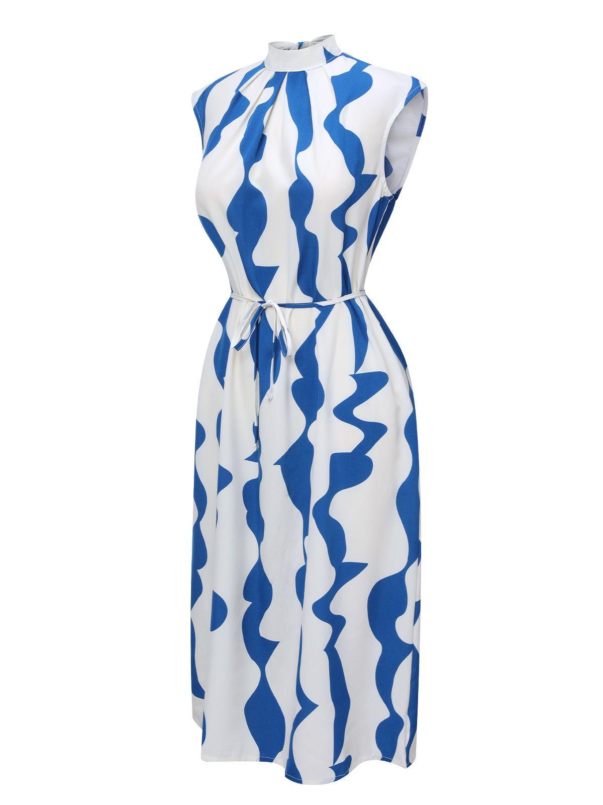 Blue & White Curves Stand Collar Belt Dress