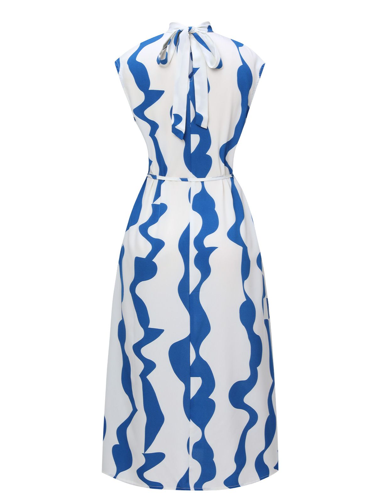 Blue & White Curves Stand Collar Belt Dress