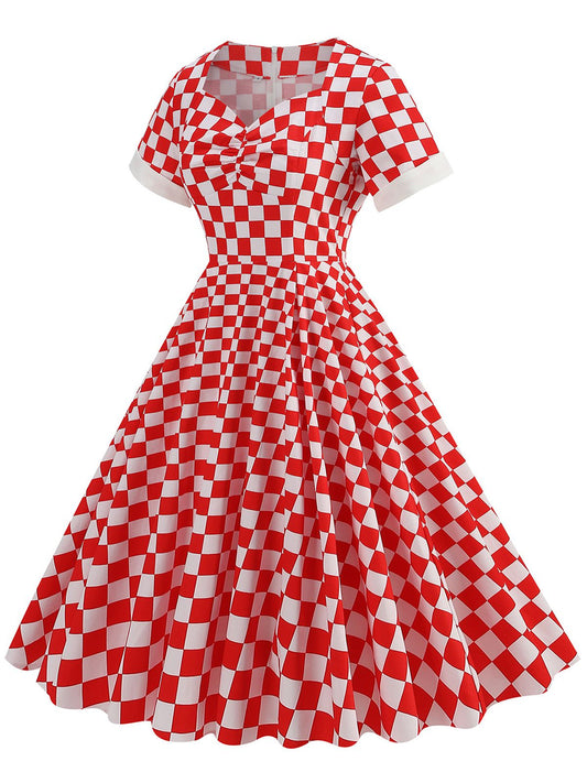 Red Sweetheart Neck Plaids Dress