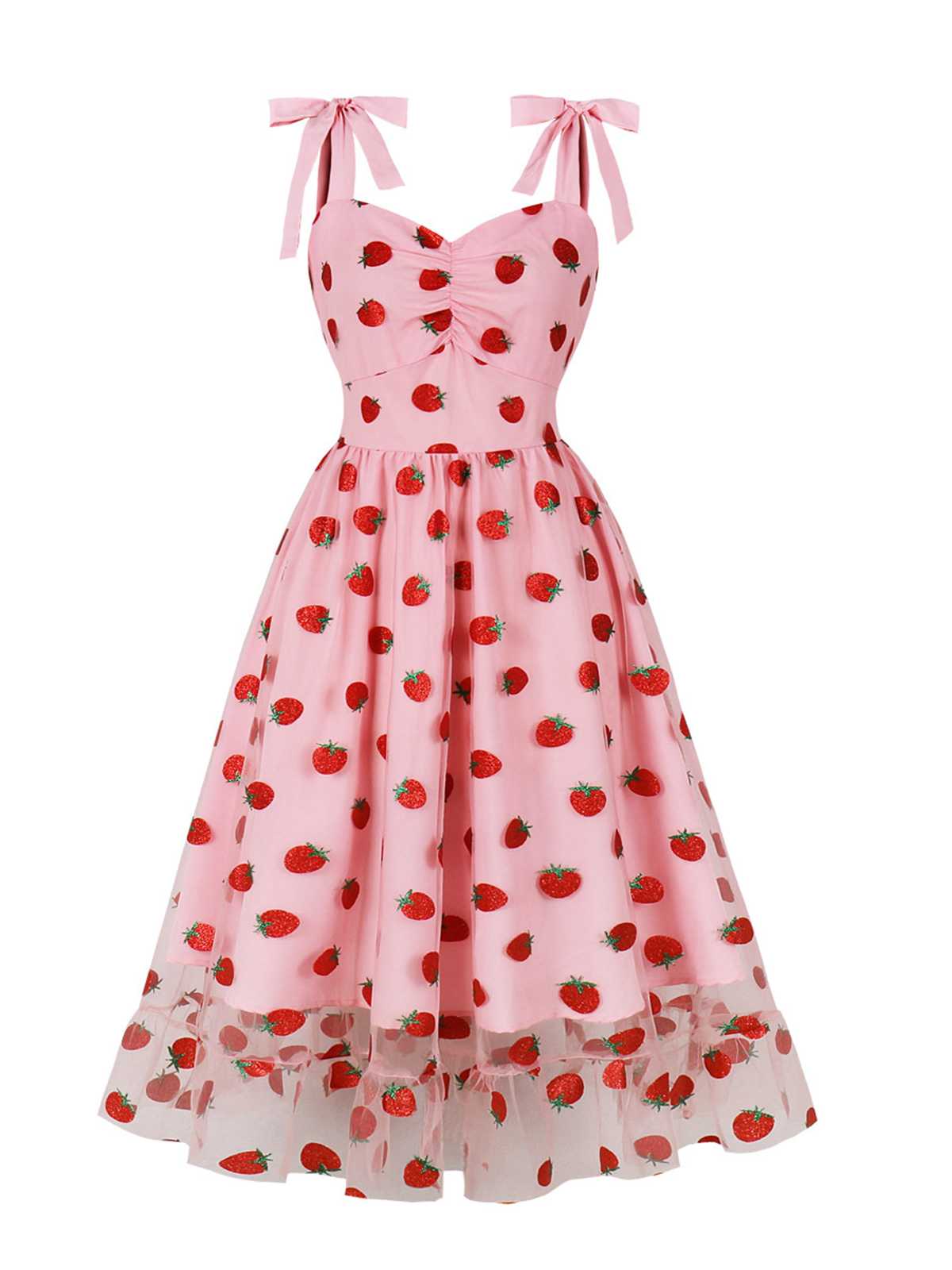 Pink Spaghetti Strap Bow Strawberry Dress