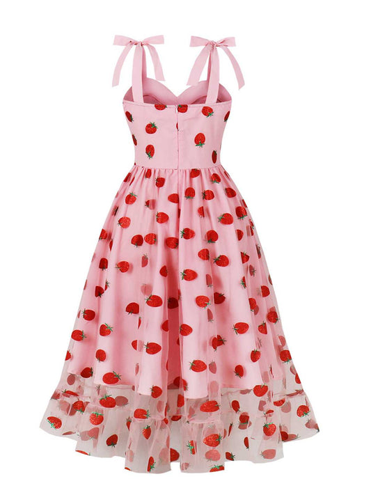 Pink Spaghetti Strap Bow Strawberry Dress