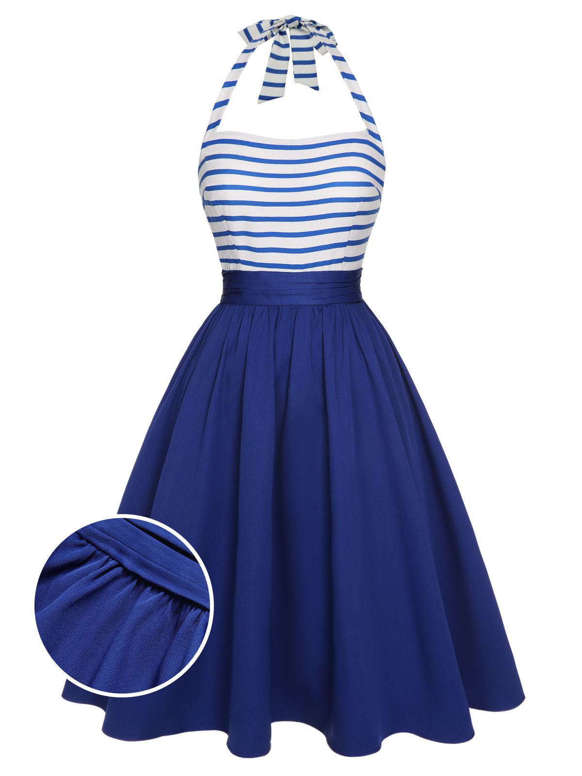 Blue Striped Patchwork Halter Dress