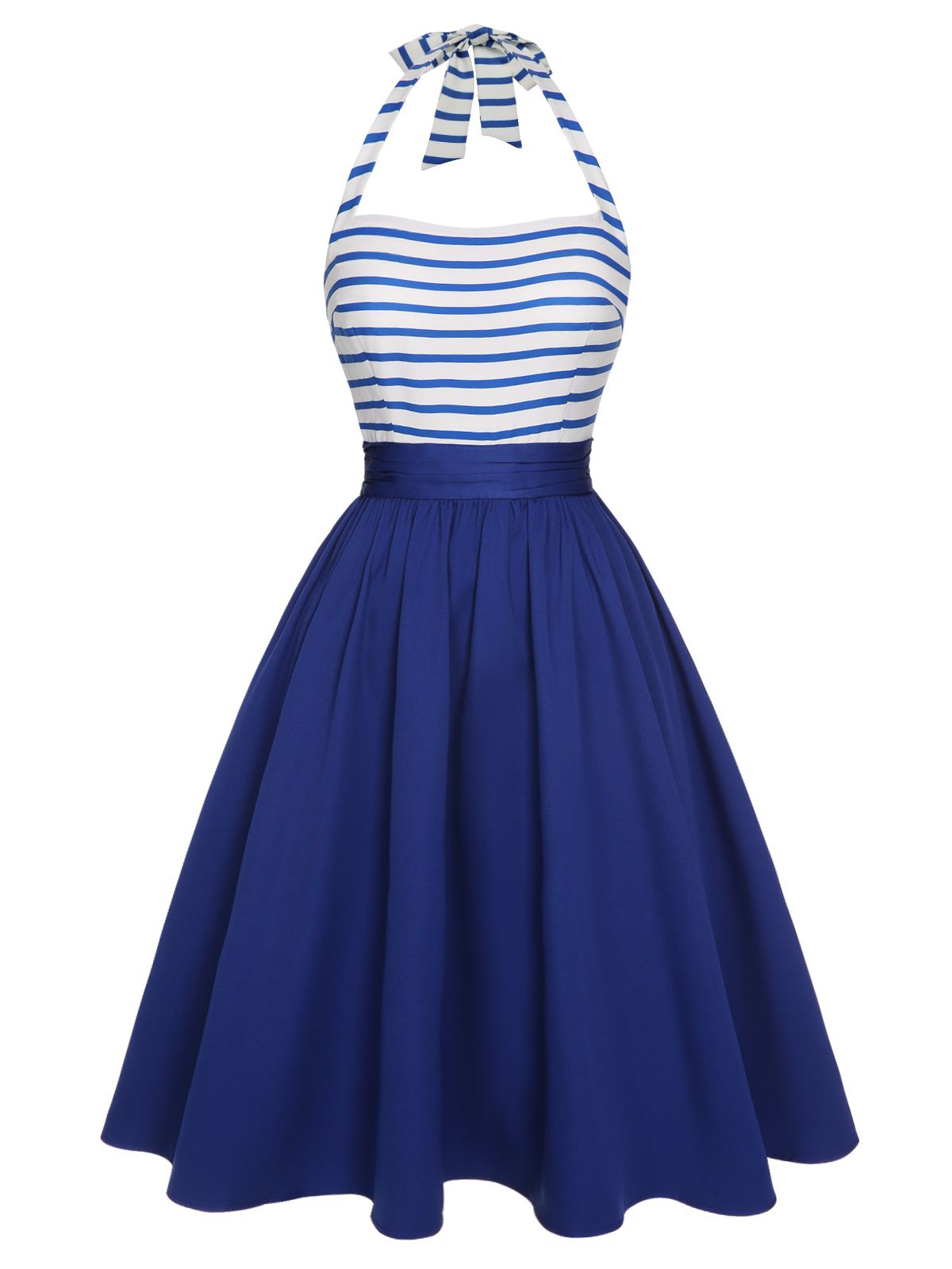 Blue Striped Patchwork Halter Dress